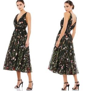 Mac Duggal Ieena 26557 V Neck Embroidered Midi Dress Black Floral size 8